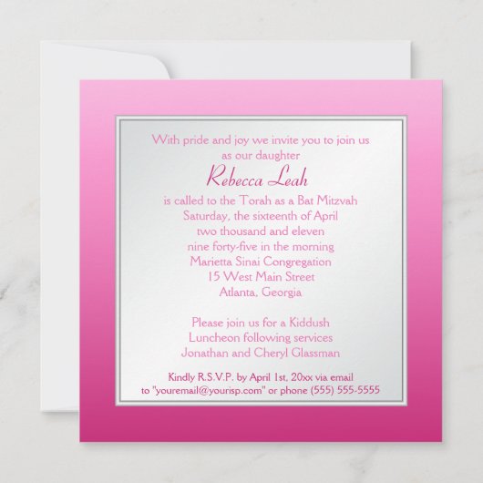 Roze en zilver Floral Bat Mitzvah Uitnodiging (Achterkant)