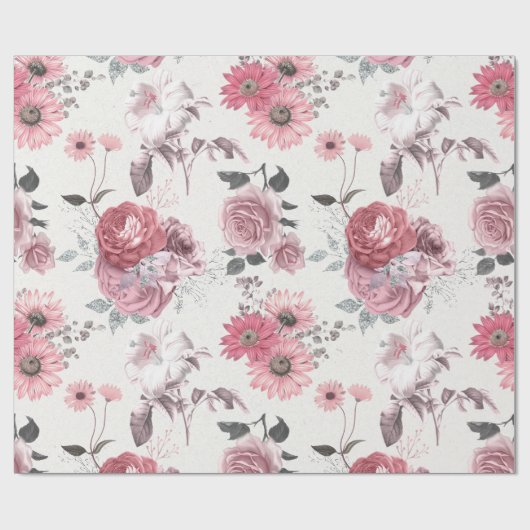 Roze en zilver Floral Cadeaupapier (Vlak)