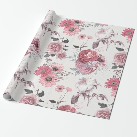 Roze en zilver Floral Cadeaupapier (Uitgerold)