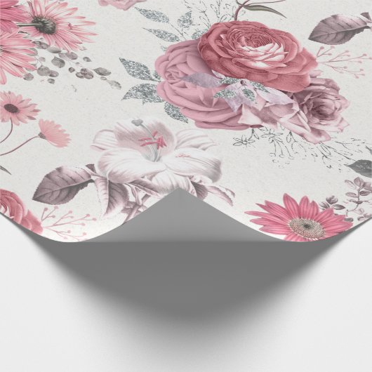 Roze en zilver Floral Cadeaupapier (Hoek)