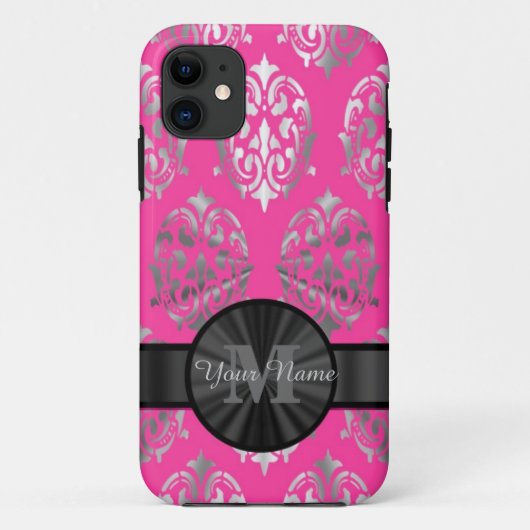 Roze en zilver gepersonaliseerd monogram Case-Mate iPhone case (Achterkant)