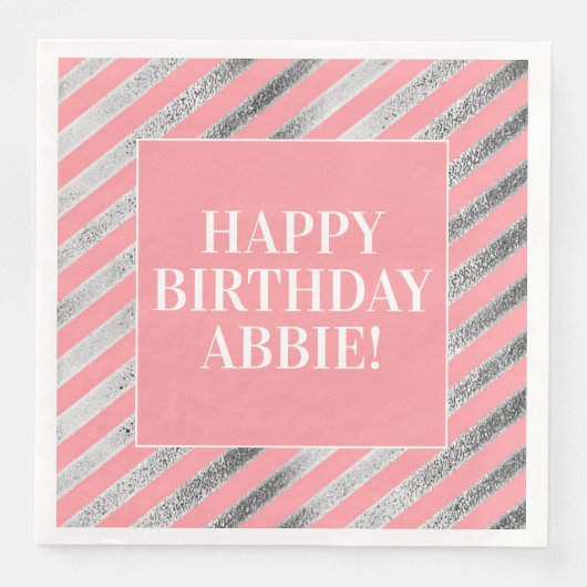 Roze en zilver gestreept Birthday Party Napkins Servet (Voorkant)