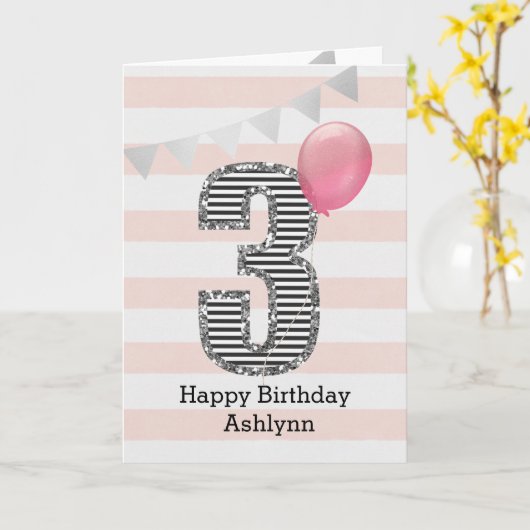 Roze en zilver Glitter 3rd Birthday Girl Kaart (Gele Bloem)