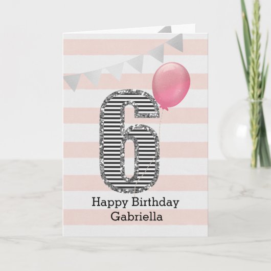 Roze en Zilver Glitter 6th Birthday Girl Kaart (Voorkant)