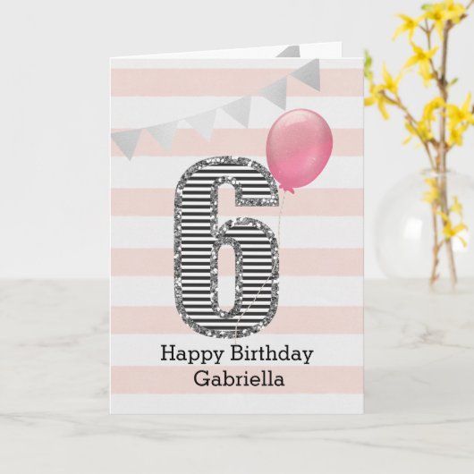 Roze en Zilver Glitter 6th Birthday Girl Kaart (Gele Bloem)