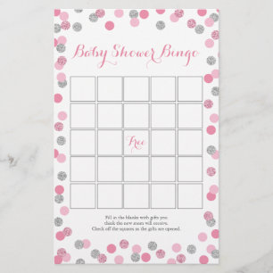 Roze en Zilver Glitter Baby shower Bingo Game Flyer
