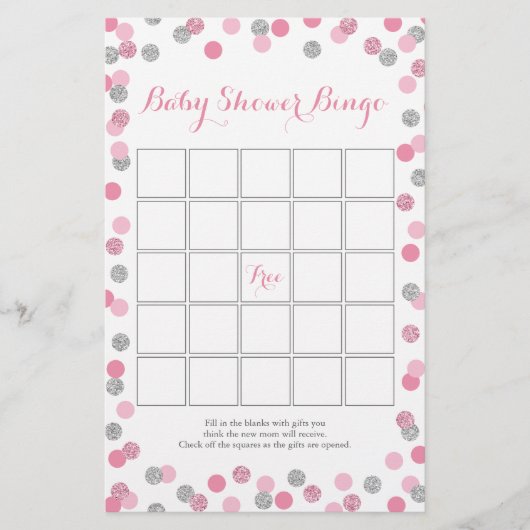 Roze en Zilver Glitter Baby shower Bingo Game Flyer (Voorkant)