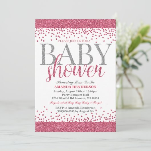 Roze en Zilver Glitter Baby shower Uitnodiging (Staand voorkant)