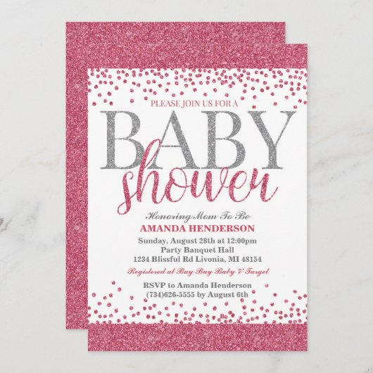 Roze en Zilver Glitter Baby shower Uitnodiging (Voorkant / Achterkant)