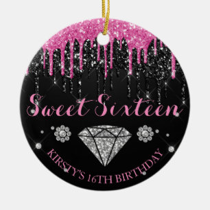 Roze en Zilver Glitter Drip Diamant Sweet 16 Keramisch Ornament