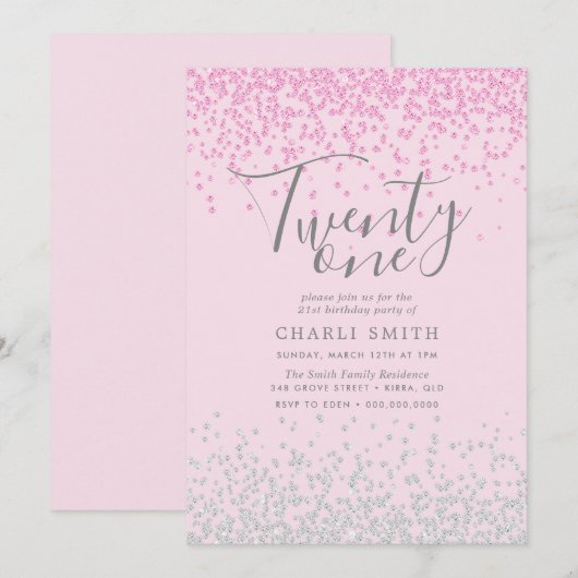 Roze en Zilver Glitter Girls 21ste verjaardag Kaart (Voorkant / Achterkant)