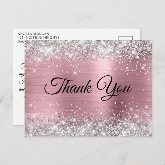 Roze en Zilver Glitters 30e Verjaardag Bedankt Briefkaart (Voorkant / Achterkant)