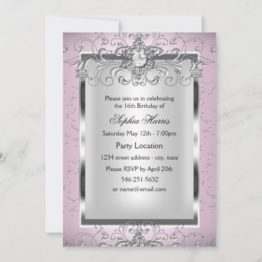 Roze en zilver Jewel Snowflake Swirl Sweet 16 Foto Kaart (Achterkant)