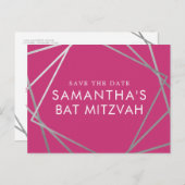 Roze en Zilver Modern Bat Mitzvah sparen de Datum Aankondigingskaart (Voorkant / Achterkant)