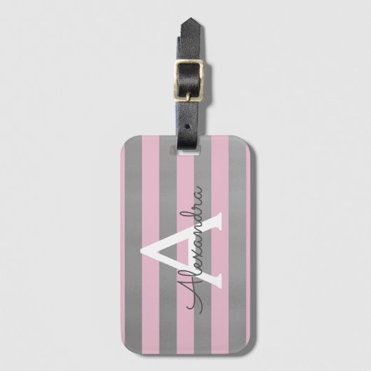 Roze en zilver monogram naam en initiaal bagagelabel (Voorkant (verticaal))