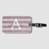 Roze en zilver monogram naam en initiaal bagagelabel (Voorkant (horizontaal))