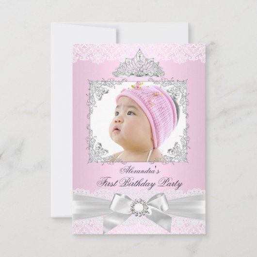 roze en zilver prinses Girl First Birthday Party Kaart (Voorkant)