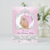 roze en zilver prinses Girl First Birthday Party Kaart (Staand voorkant)