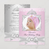 roze en zilver prinses Girl First Birthday Party Kaart (Voorkant / Achterkant)