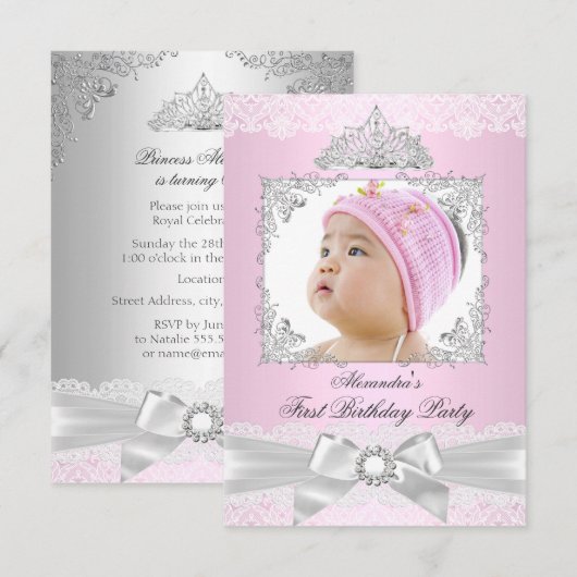 roze en zilver prinses Girl First Birthday Party Kaart (Voorkant / Achterkant)