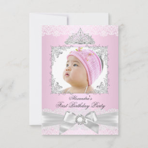 roze en zilver prinses Girl First Birthday Party Kaart
