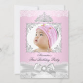 roze en zilver prinses Girl First Birthday Party Kaart (Voorkant)