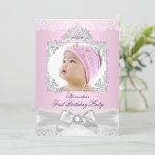 roze en zilver prinses Girl First Birthday Party Kaart (Staand voorkant)