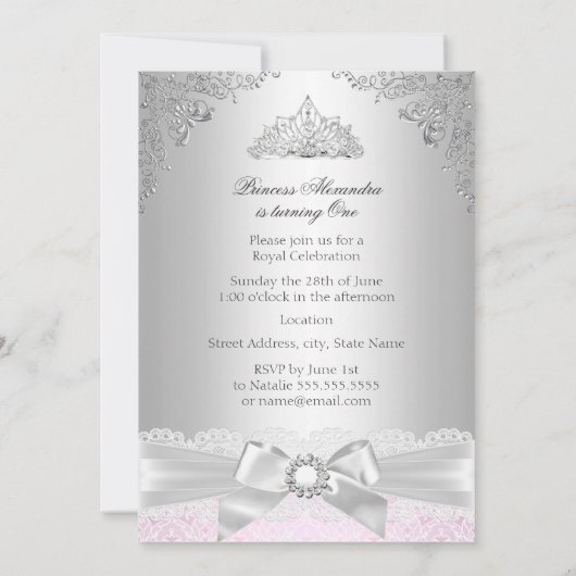 roze en zilver prinses Girl First Birthday Party Kaart (Achterkant)
