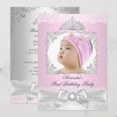 roze en zilver prinses Girl First Birthday Party Kaart (Voorkant / Achterkant)