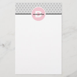Roze en zilver Quatrefoil Monogram Briefpapier