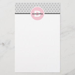 Roze en zilver Quatrefoil Monogram Briefpapier