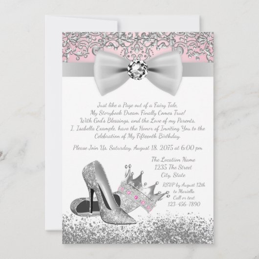 Roze en zilver Quinceanera Kaart (Achterkant)