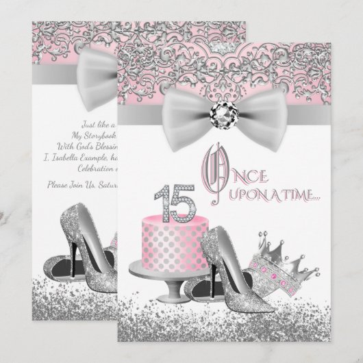 Roze en zilver Quinceanera Kaart (Voorkant / Achterkant)