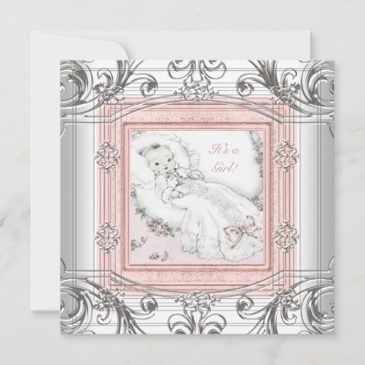 Roze en Zilveren Baby Meisje Douche Kaart (Voorkant)