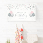 Roze en zilveren ballon, eerste verjaardag banner (Insitu)