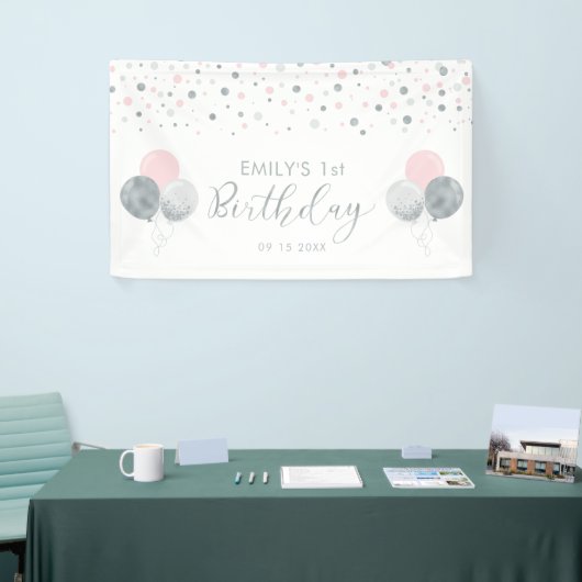 Roze en zilveren ballon, eerste verjaardag banner (Beurs)
