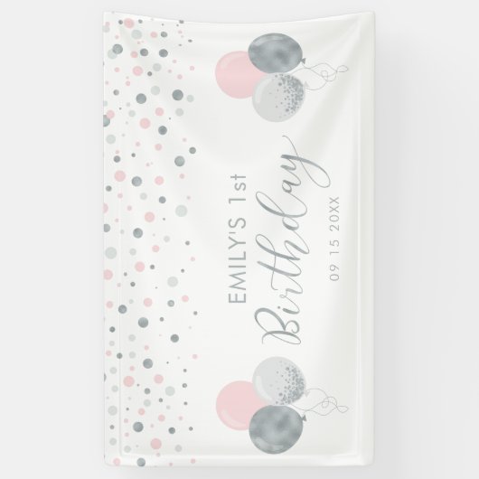 Roze en zilveren ballon, eerste verjaardag banner (Verticaal)