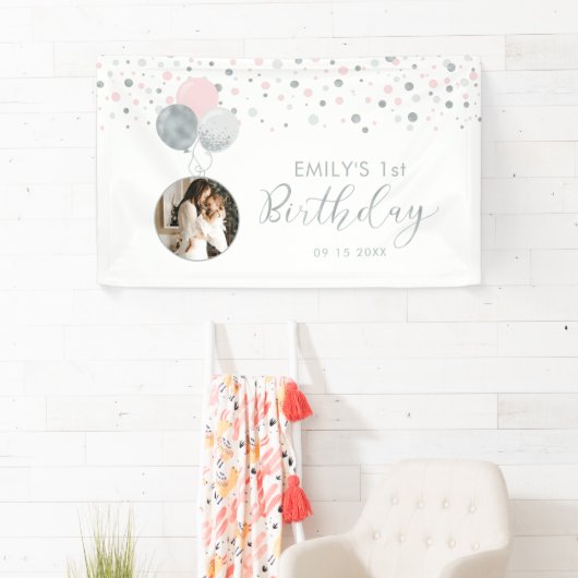 Roze en zilveren ballon, eerste verjaardag fotoban spandoek (Insitu)