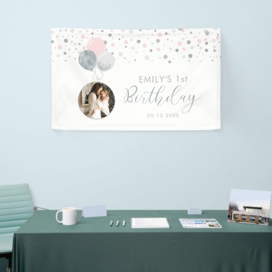 Roze en zilveren ballon, eerste verjaardag fotoban spandoek (Beurs)