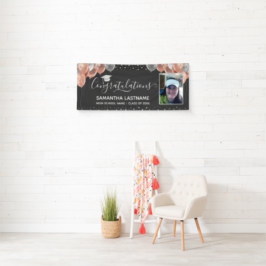 Roze en Zilveren Ballonnen Afstuderen Banner (Insitu)