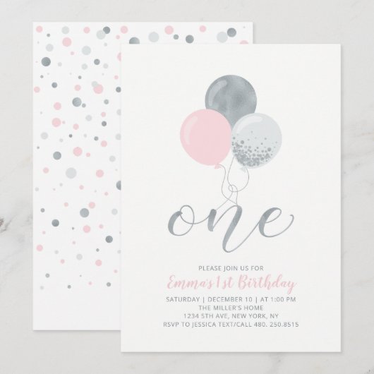 Roze en zilveren ballonnen | Eerste verjaardag van Kaart (Voorkant / Achterkant)