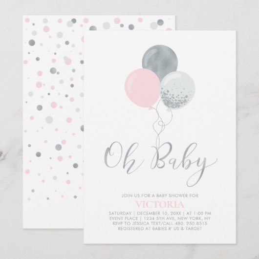 Roze en zilveren ballonnen | Oh Baby Girl Baby sho Kaart (Voorkant / Achterkant)