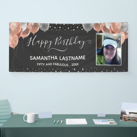 Roze en zilveren ballonnen van de Birthday Party B Spandoek (Beurs)