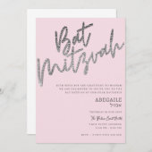 Roze en zilveren Bat Mitzvah uitnodiging (Voorkant / Achterkant)