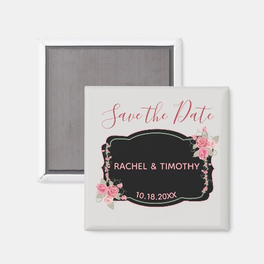 Roze en Zilveren Bloemen Bruiloft Save the Date Magneet (Voorkant / Achterkant)