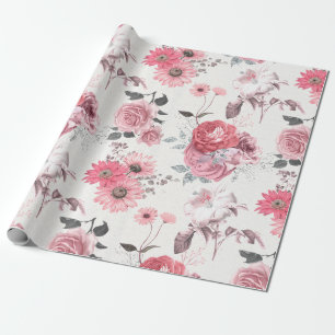 Roze en zilveren bloemmotief cadeaupapier
