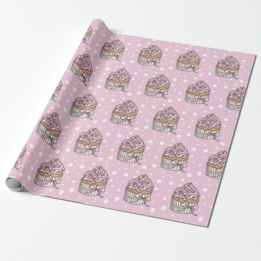 Roze en Zilveren Cupcakes Stippenpatroon Cadeaupapier (Uitgerold)