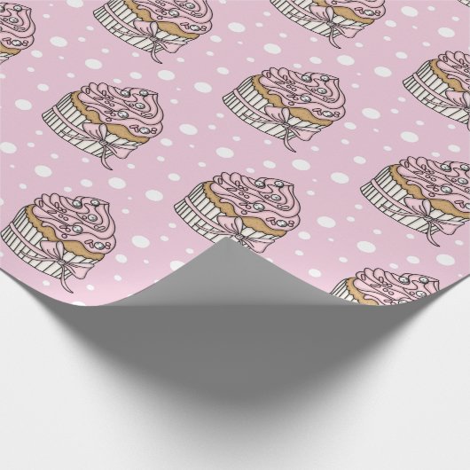 Roze en Zilveren Cupcakes Stippenpatroon Cadeaupapier (Hoek)