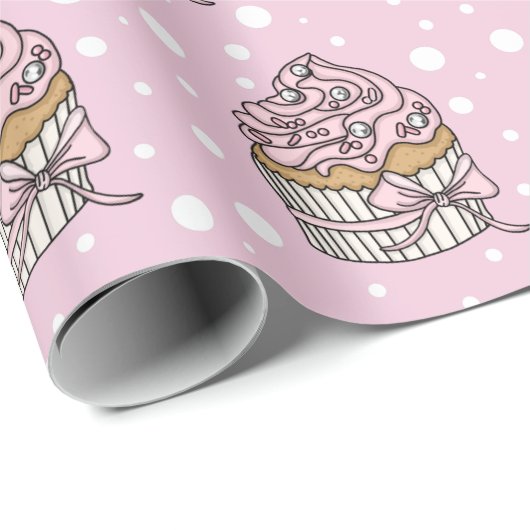 Roze en Zilveren Cupcakes Stippenpatroon Cadeaupapier (Rol Hoek)