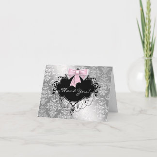 Roze en zilveren damast bedankkaartjes bedankkaart